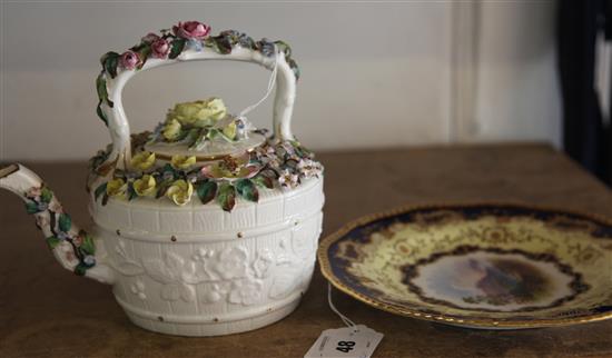 Coalport Lake Menteith plate by E. Bell & Victorian flower encrusted tea kettle(-)